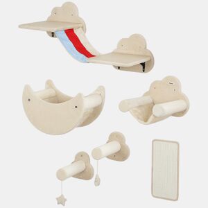 PawHut Conjunto de Prateleiras de Escalada para Gatos de 6 Peças Tema Céu Prateleiras para Gatos com Redes Plataformas Escadas Tábua de Arranhar Poste de Sisal e Estrelas de Brinquedo Bege