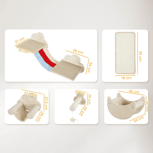 PawHut Conjunto de Prateleiras de Escalada para Gatos de 6 Peças Tema Céu Prateleiras para Gatos com Redes Plataformas Escadas Tábua de Arranhar Poste de Sisal e Estrelas de Brinquedo Bege