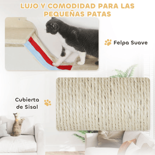 PawHut Conjunto de Prateleiras de Escalada para Gatos de 6 Peças Tema Céu Prateleiras para Gatos com Redes Plataformas Escadas Tábua de Arranhar Poste de Sisal e Estrelas de Brinquedo Bege