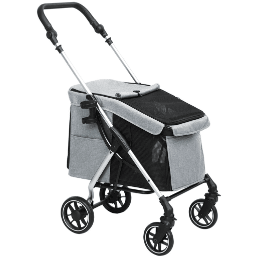 PawHut Carrinho Dobrável para Cães, Carrinho para Cães Pequenos e Séniores até 10 kg, Rodas com Travões 360º, Estrutura de Alumínio, Trela de Segurança, Almofada Lavável e Janelas, Cinzento