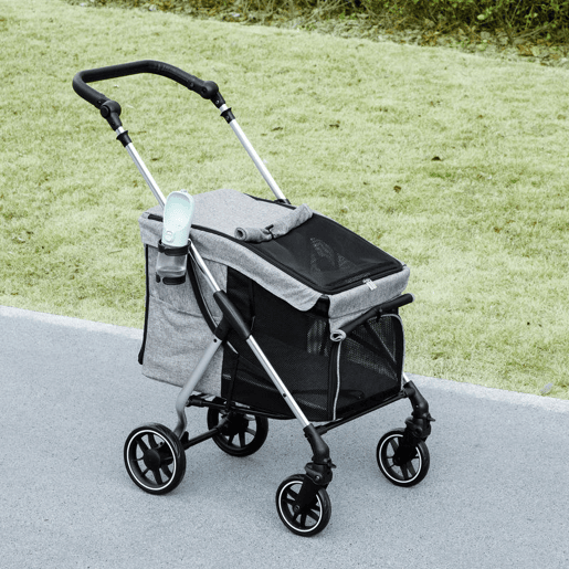 PawHut Carrinho Dobrável para Cães, Carrinho para Cães Pequenos e Séniores até 10 kg, Rodas com Travões 360º, Estrutura de Alumínio, Trela de Segurança, Almofada Lavável e Janelas, Cinzento