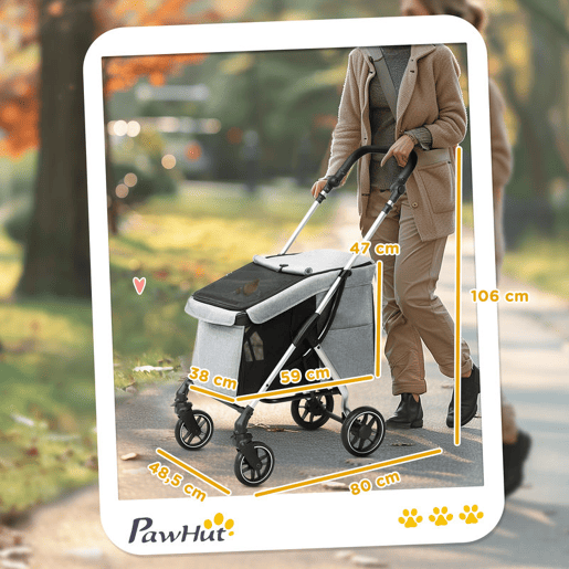 PawHut Carrinho Dobrável para Cães, Carrinho para Cães Pequenos e Séniores até 10 kg, Rodas com Travões 360º, Estrutura de Alumínio, Trela de Segurança, Almofada Lavável e Janelas, Cinzento