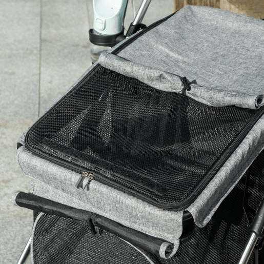 PawHut Carrinho Dobrável para Cães, Carrinho para Cães Pequenos e Séniores até 10 kg, Rodas com Travões 360º, Estrutura de Alumínio, Trela de Segurança, Almofada Lavável e Janelas, Cinzento
