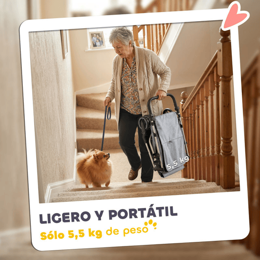 PawHut Carrinho Dobrável para Cães, Carrinho para Cães Pequenos e Séniores até 10 kg, Rodas com Travões 360º, Estrutura de Alumínio, Trela de Segurança, Almofada Lavável e Janelas, Cinzento