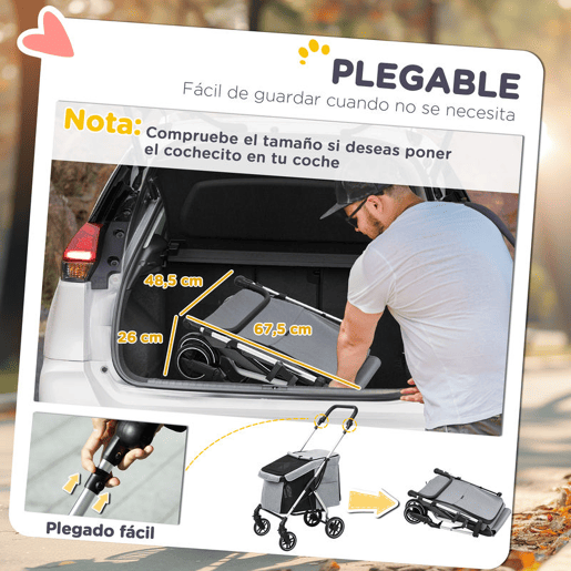 PawHut Carrinho Dobrável para Cães, Carrinho para Cães Pequenos e Séniores até 10 kg, Rodas com Travões 360º, Estrutura de Alumínio, Trela de Segurança, Almofada Lavável e Janelas, Cinzento