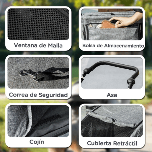 PawHut Carrinho Dobrável para Cães, Carrinho para Cães Pequenos e Séniores até 10 kg, Rodas com Travões 360º, Estrutura de Alumínio, Trela de Segurança, Almofada Lavável e Janelas, Cinzento