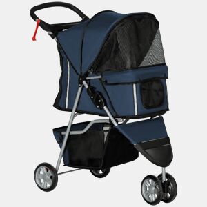 PawHut Carrinho para Animais de Estimação Dobrável Carrinho para Cães e Gatos com Rodas Giratórias Cesto e Suporte para Copos 75x45x97 cm Azul Escuro