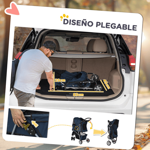 PawHut Carrinho para Animais de Estimação Dobrável Carrinho para Cães e Gatos com Rodas Giratórias Cesto e Suporte para Copos 75x45x97 cm Azul Escuro