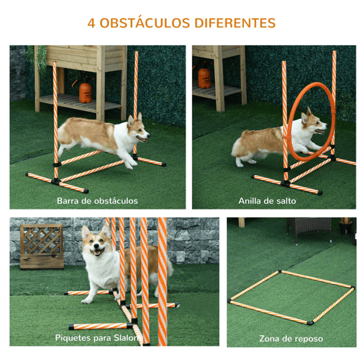 PawHut Conjunto de Treino de Agilidade para Cães de 4 Peças Kit Treino Agility para Cães com Slalom Área de Pausa Barreiras e Anel de Salto Laranja