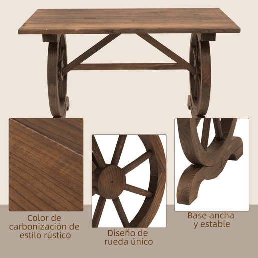 Outsunny Mesa de Jardim de Madeira Mesa de Exterior 110x60x65 cm com Pés em Forma de Rodas Carga 100 kg Mesa de Refeição Pátio Madeira Carbonizada