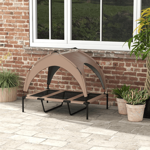 PawHut Cama para Cães Elevada com Toldo Cama para Cães Médios com Estrutura de Aço e Bolsa de Transporte para Interior e Exterior 106x76x94 cm Marrom Claro PawHut Cama para Cães Elevada com Toldo Cama para Cães Médios com Estrutura de Aço e Bolsa de Transporte para Interior e Exterior 106x76x94 cm Marrom Claro