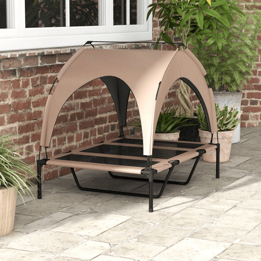 PawHut Cama para Cães Elevada com Toldo Cama para Cães Médios com Estrutura de Aço e Bolsa de Transporte para Interior e Exterior 106x76x94 cm Marrom Claro PawHut Cama para Cães Elevada com Toldo Cama para Cães Médios com Estrutura de Aço e Bolsa de Transporte para Interior e Exterior 106x76x94 cm Marrom Claro