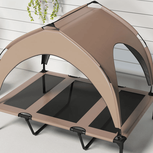 PawHut Cama para Cães Elevada com Toldo Cama para Cães Médios com Estrutura de Aço e Bolsa de Transporte para Interior e Exterior 106x76x94 cm Marrom Claro PawHut Cama para Cães Elevada com Toldo Cama para Cães Médios com Estrutura de Aço e Bolsa de Transporte para Interior e Exterior 106x76x94 cm Marrom Claro