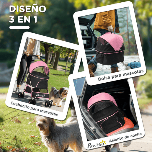 PawHut Carrinho para Animais de Estimação 3 em 1 Carrinho para Cães e Gatos Dobrável com Bolsa de Transporte Cesta de Armazenamento e Travão Tecido de Oxford 600D Carga Máxima 15kg 82x49,5x98 cm Rosa