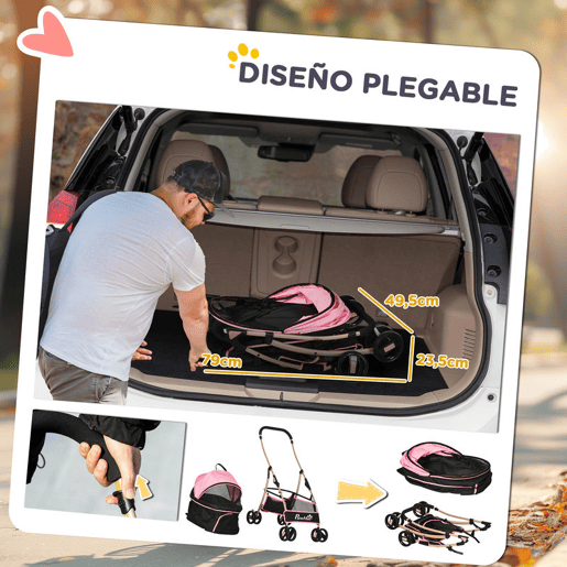 PawHut Carrinho para Animais de Estimação 3 em 1 Carrinho para Cães e Gatos Dobrável com Bolsa de Transporte Cesta de Armazenamento e Travão Tecido de Oxford 600D Carga Máxima 15kg 82x49,5x98 cm Rosa