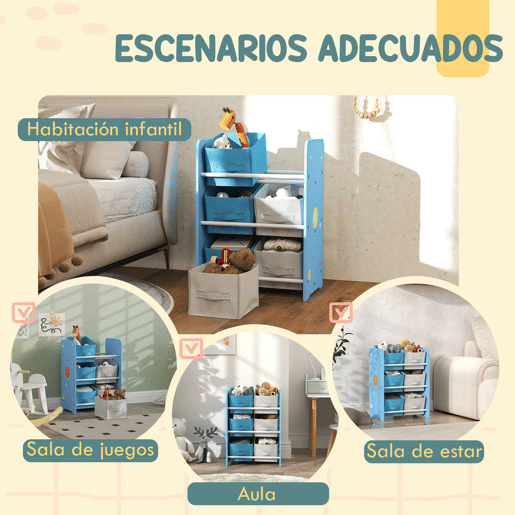 AIYPLAY Estante para Brinquedos com 6 Caixas de Tecido não Tecido Amovíveis Organizador de Brinquedos para Dormitório Escola Infantil 43x30x60 cm Azul