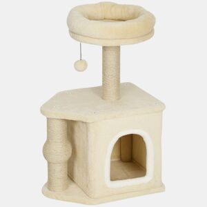 PawHut Arranhador para Gatos Altura 66 cm Arranhador para Gatos com Cama Caverna Plataforma Bola Suspensa e Poste de Juta 42x30x66 cm Marrom