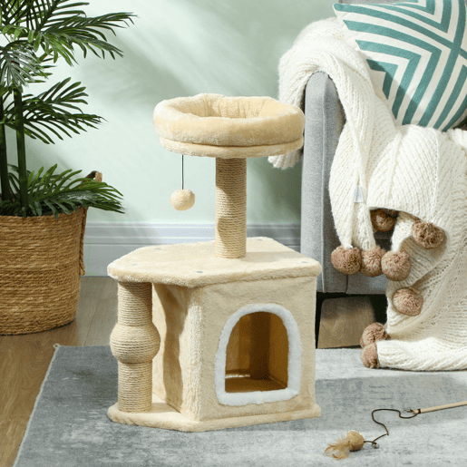 PawHut Arranhador para Gatos Altura 66 cm Arranhador para Gatos com Cama Caverna Plataforma Bola Suspensa e Poste de Juta 42x30x66 cm Marrom