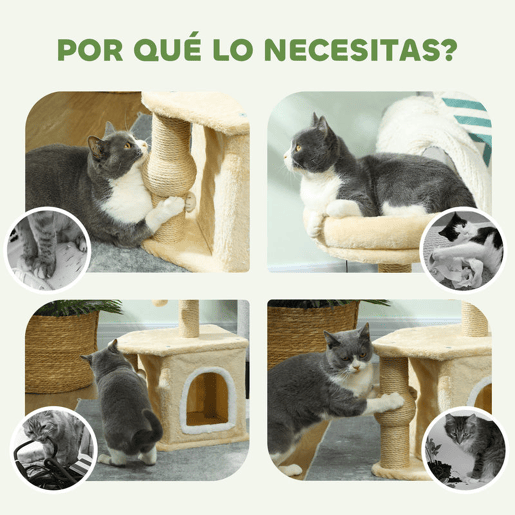 PawHut Arranhador para Gatos Altura 66 cm Arranhador para Gatos com Cama Caverna Plataforma Bola Suspensa e Poste de Juta 42x30x66 cm Marrom