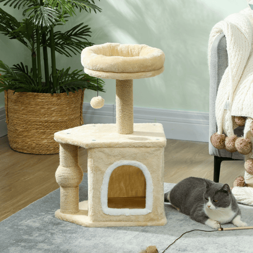 PawHut Arranhador para Gatos Altura 66 cm Arranhador para Gatos com Cama Caverna Plataforma Bola Suspensa e Poste de Juta 42x30x66 cm Marrom