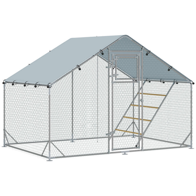 Pawhut gallinero para exterior 6 m² 3x2x1,95 m para 6-8 gallinas gallinero de acero galvanizado con percha comedero colgante tipo brocheta cerradura cubierta anti-uv impermeable para conejos plata