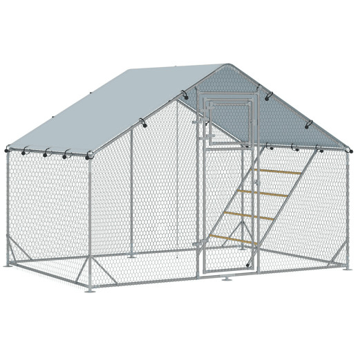 PawHut Galinheiro para Exterior 6 m² 3x2x1,95 m para 6-8 Galinhas Galinheiro em Aço Galvanizado com Poleiro, Comedouro Suspenso Tipo Espeto, Fechadura, Cobertura Anti-UV e Impermeável para Coelhos Prateado