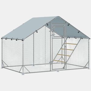 PawHut Galinheiro para Exterior 6 m² 3x2x1,95 m para 6-8 Galinhas Galinheiro em Aço Galvanizado com Poleiro, Comedouro Suspenso Tipo Espeto, Fechadura, Cobertura Anti-UV e Impermeável para Coelhos Prateado