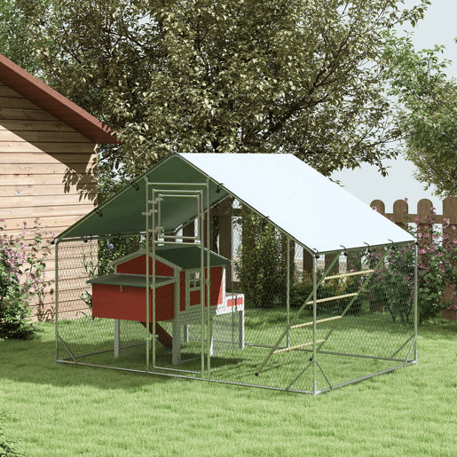 PawHut Galinheiro para Exterior 6 m² 3x2x1,95 m para 6-8 Galinhas Galinheiro em Aço Galvanizado com Poleiro, Comedouro Suspenso Tipo Espeto, Fechadura, Cobertura Anti-UV e Impermeável para Coelhos Prateado