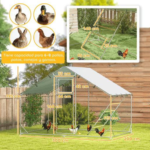 PawHut Galinheiro para Exterior 6 m² 3x2x1,95 m para 6-8 Galinhas Galinheiro em Aço Galvanizado com Poleiro, Comedouro Suspenso Tipo Espeto, Fechadura, Cobertura Anti-UV e Impermeável para Coelhos Prateado