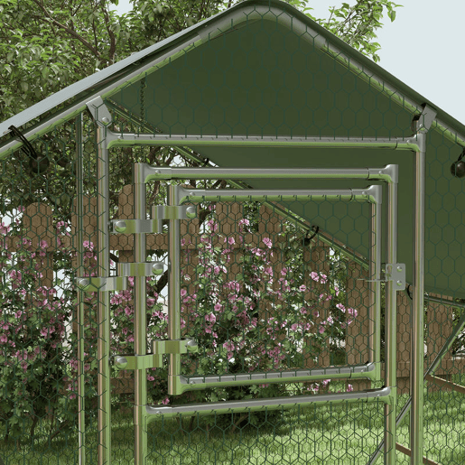 PawHut Galinheiro para Exterior 6 m² 3x2x1,95 m para 6-8 Galinhas Galinheiro em Aço Galvanizado com Poleiro, Comedouro Suspenso Tipo Espeto, Fechadura, Cobertura Anti-UV e Impermeável para Coelhos Prateado