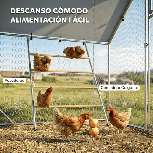 PawHut Galinheiro para Exterior 6 m² 3x2x1,95 m para 6-8 Galinhas Galinheiro em Aço Galvanizado com Poleiro, Comedouro Suspenso Tipo Espeto, Fechadura, Cobertura Anti-UV e Impermeável para Coelhos Prateado