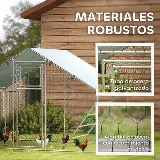 PawHut Galinheiro para Exterior 6 m² 3x2x1,95 m para 6-8 Galinhas Galinheiro em Aço Galvanizado com Poleiro, Comedouro Suspenso Tipo Espeto, Fechadura, Cobertura Anti-UV e Impermeável para Coelhos Prateado
