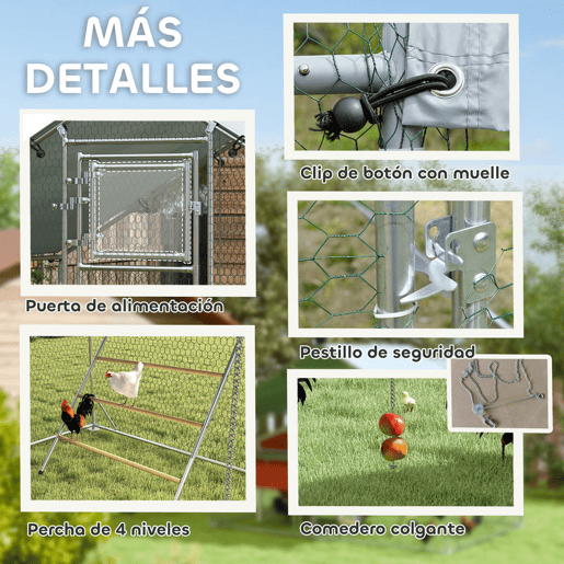 PawHut Galinheiro para Exterior 6 m² 3x2x1,95 m para 6-8 Galinhas Galinheiro em Aço Galvanizado com Poleiro, Comedouro Suspenso Tipo Espeto, Fechadura, Cobertura Anti-UV e Impermeável para Coelhos Prateado