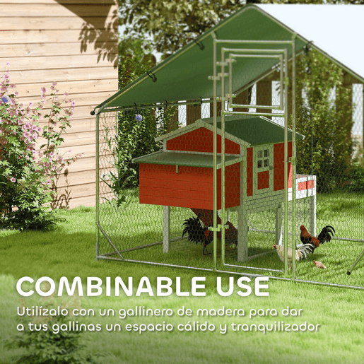 PawHut Galinheiro para Exterior 6 m² 3x2x1,95 m para 6-8 Galinhas Galinheiro em Aço Galvanizado com Poleiro, Comedouro Suspenso Tipo Espeto, Fechadura, Cobertura Anti-UV e Impermeável para Coelhos Prateado