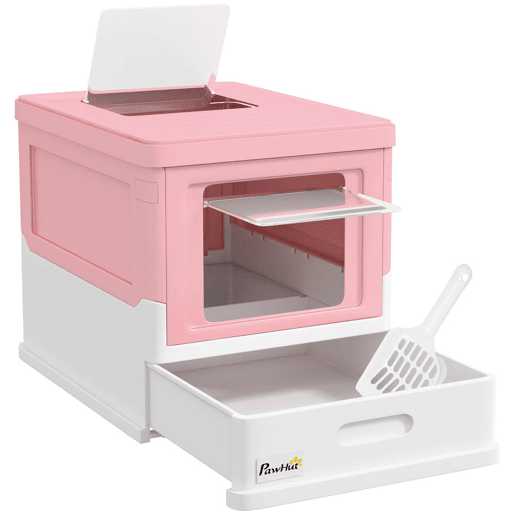 PawHut Caixa de Areia para Gatos Dobrável Caixa de Areia para Gatos Fechada com Cobertura Desmontável Bandeja Removível Teto Rebatível Porta de Entrada e Pá 47,5x35,5x36,7cm Rosa