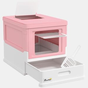 PawHut Caixa de Areia para Gatos Dobrável Caixa de Areia para Gatos Fechada com Cobertura Desmontável Bandeja Removível Teto Rebatível Porta de Entrada e Pá 47,5x35,5x36,7cm Rosa