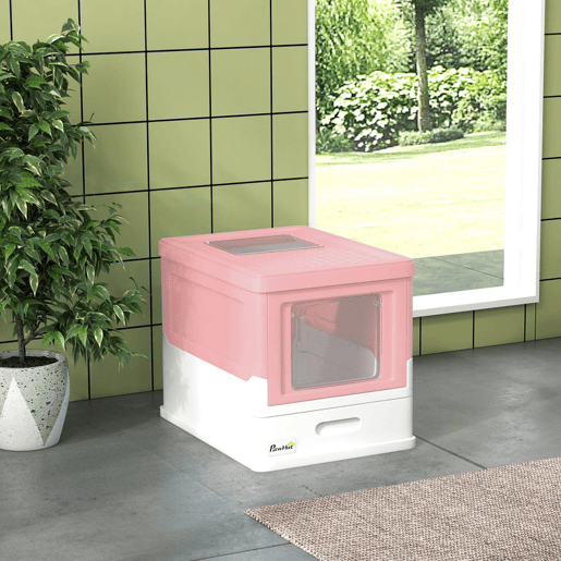 PawHut Caixa de Areia para Gatos Dobrável Caixa de Areia para Gatos Fechada com Cobertura Desmontável Bandeja Removível Teto Rebatível Porta de Entrada e Pá 47,5x35,5x36,7cm Rosa