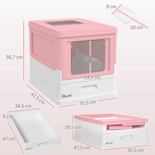 PawHut Caixa de Areia para Gatos Dobrável Caixa de Areia para Gatos Fechada com Cobertura Desmontável Bandeja Removível Teto Rebatível Porta de Entrada e Pá 47,5x35,5x36,7cm Rosa