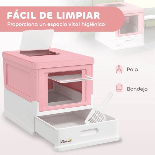 PawHut Caixa de Areia para Gatos Dobrável Caixa de Areia para Gatos Fechada com Cobertura Desmontável Bandeja Removível Teto Rebatível Porta de Entrada e Pá 47,5x35,5x36,7cm Rosa