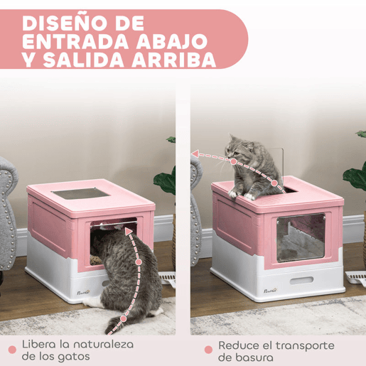 PawHut Caixa de Areia para Gatos Dobrável Caixa de Areia para Gatos Fechada com Cobertura Desmontável Bandeja Removível Teto Rebatível Porta de Entrada e Pá 47,5x35,5x36,7cm Rosa