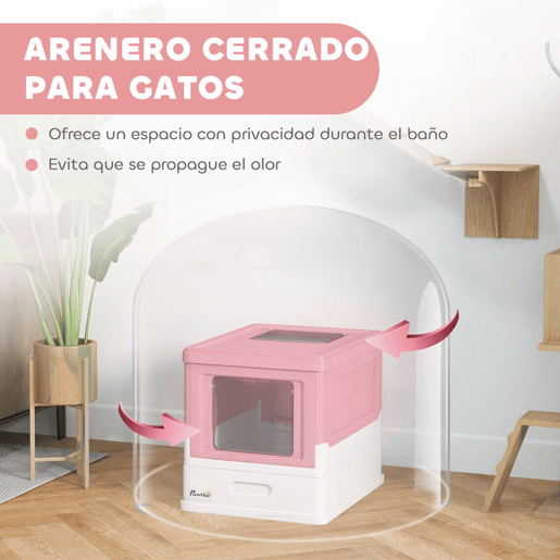 PawHut Caixa de Areia para Gatos Dobrável Caixa de Areia para Gatos Fechada com Cobertura Desmontável Bandeja Removível Teto Rebatível Porta de Entrada e Pá 47,5x35,5x36,7cm Rosa