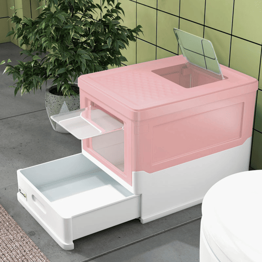 PawHut Caixa de Areia para Gatos Dobrável Caixa de Areia para Gatos Fechada com Cobertura Desmontável Bandeja Removível Teto Rebatível Porta de Entrada e Pá 47,5x35,5x36,7cm Rosa