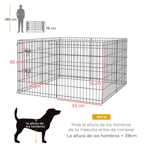 PawHut Parque para Cães 8 Painéis 76x61cm Dobráveis Gaiola Metálica para Animais de Estimação com Porta e Dupla Fechadura para Jardim Pátio Exterior Preto