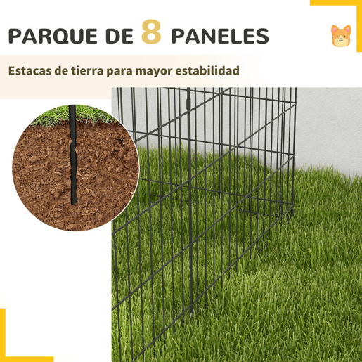 PawHut Parque para Cães 8 Painéis 76x61cm Dobráveis Gaiola Metálica para Animais de Estimação com Porta e Dupla Fechadura para Jardim Pátio Exterior Preto
