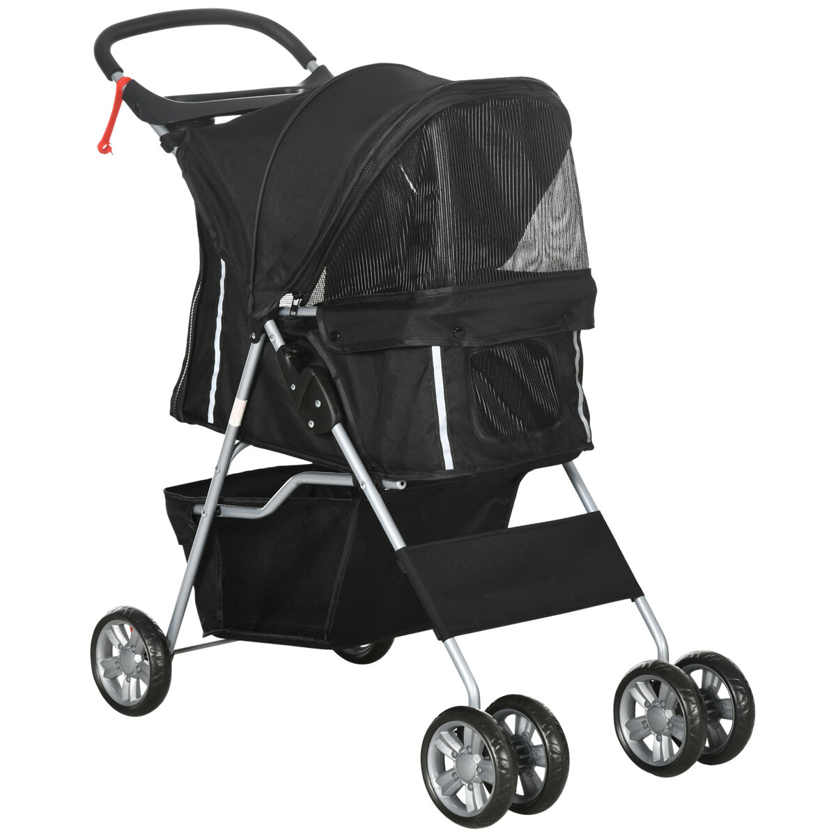 Pawhut carrito para perros plegable, cochecito para perros pequeños con cesta de almacenaje, ventanas de malla, portavasos, ruedas de eva, cojín lavable, frenos, carga 10 kg, 75x45x97 cm, negro