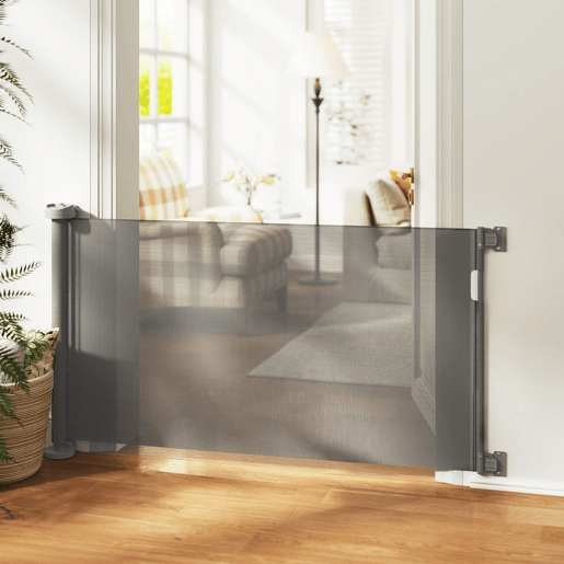 PawHut Barreira de Segurança para Cães Retrátil 0-136 cm Barreira para Cães Pequenos Extensível com Botão de Fecho Porta de Segurança para Corredores Escadas Interiores e Exteriores Cinzento