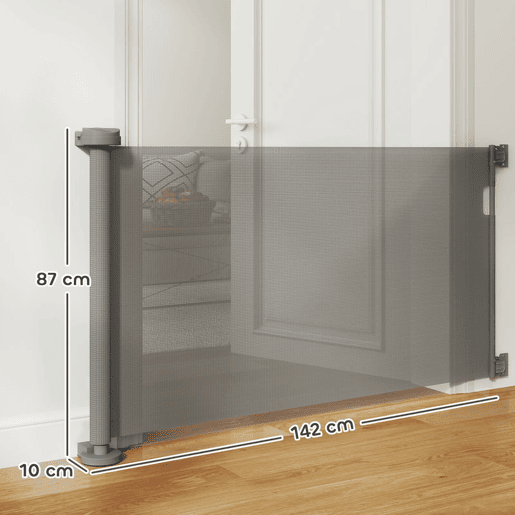 PawHut Barreira de Segurança para Cães Retrátil 0-136 cm Barreira para Cães Pequenos Extensível com Botão de Fecho Porta de Segurança para Corredores Escadas Interiores e Exteriores Cinzento