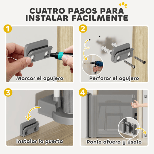 PawHut Barreira de Segurança para Cães Retrátil 0-136 cm Barreira para Cães Pequenos Extensível com Botão de Fecho Porta de Segurança para Corredores Escadas Interiores e Exteriores Cinzento