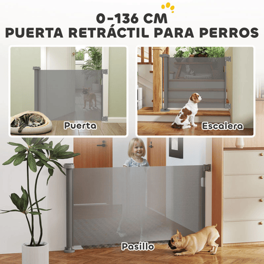 PawHut Barreira de Segurança para Cães Retrátil 0-136 cm Barreira para Cães Pequenos Extensível com Botão de Fecho Porta de Segurança para Corredores Escadas Interiores e Exteriores Cinzento