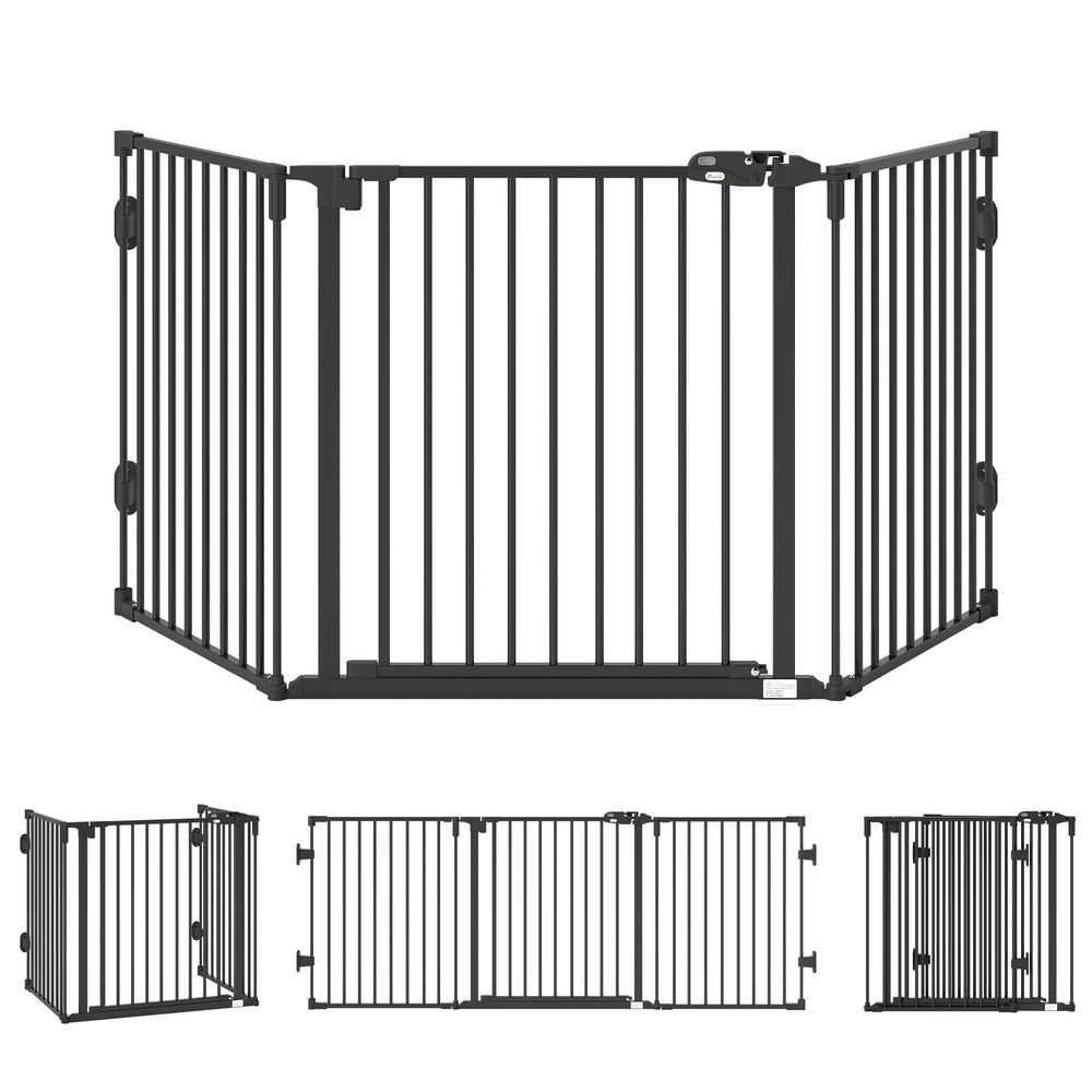 Pawhut barrera de seguridad para perros 202,5 cm valla para perros plegable rejilla de protección de chimenea con puerta auto cierre para escalera pasillo negro